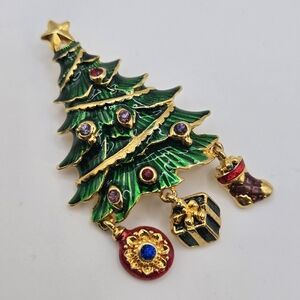 Christopher Radko Christmas Tree Brooch Pin Dangle Charms Vintage Enamel